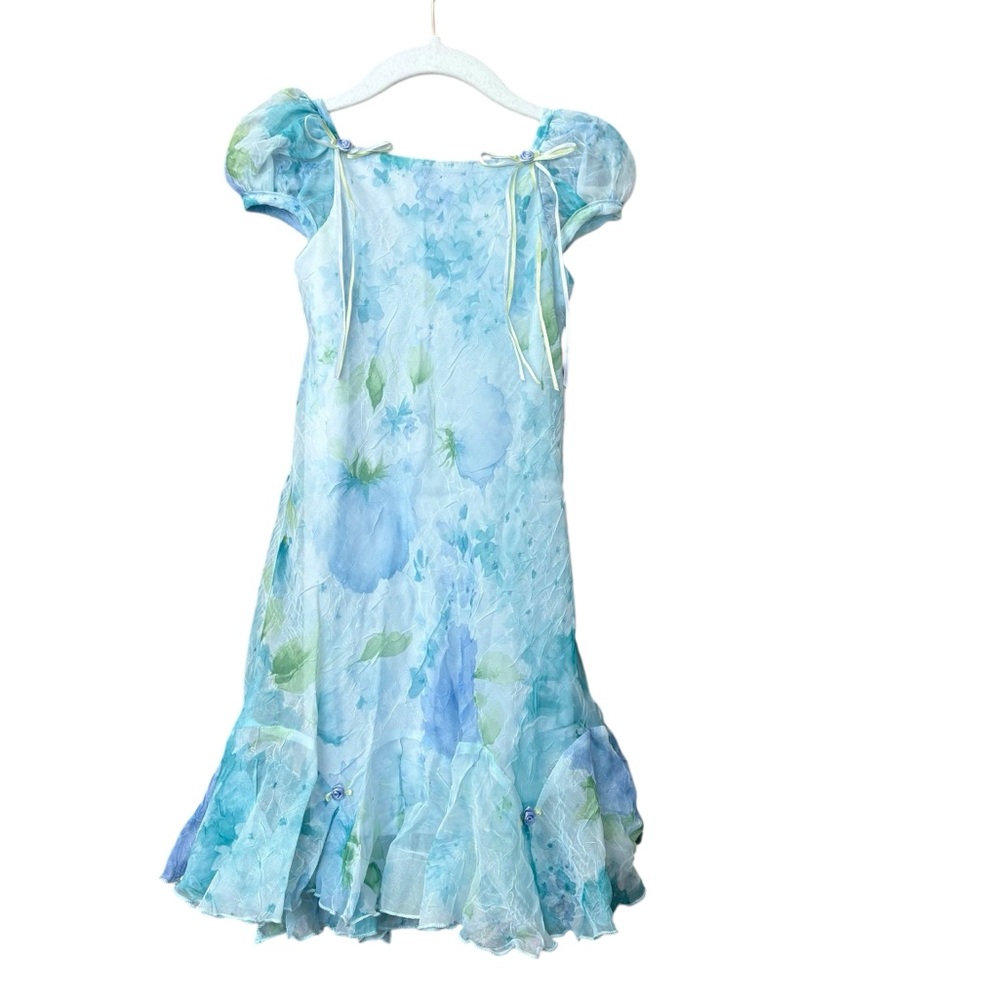 Vintage Talbots Kids Fairy‎ Core Blue Floral Crinkle Long dress Size 2